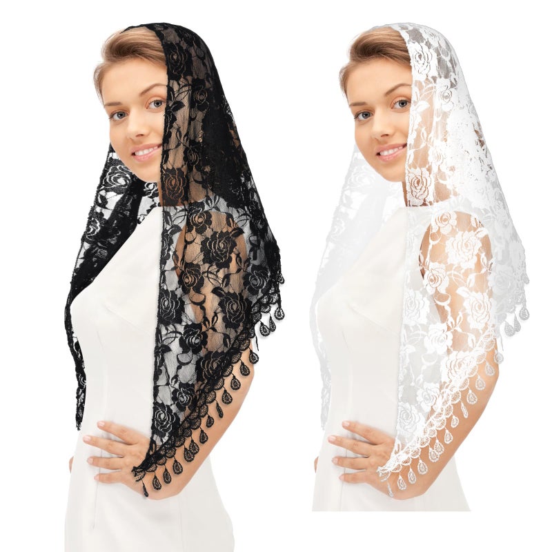 Lnngub 2 Pcs Lace Veil Mass Veil Triangle Mantilla Veil Catholic Veils for Women Mass Cathedral Head Covering Chapel Veils with Fringed Latin Mass Head Covering Veils Church Veils for Women - Image 1