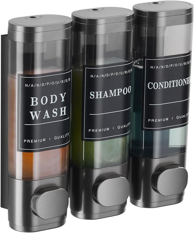 SHOWER SOAP DISPENSER WALL MOUNTED NO DRILL SHAMPOO DISPENSER FOR SHOWER WALL SHAMPOO AND CONDITIONER DISPENSER BATHROOM HOTEL 3 300ML GUNGRAY WITH LABELS