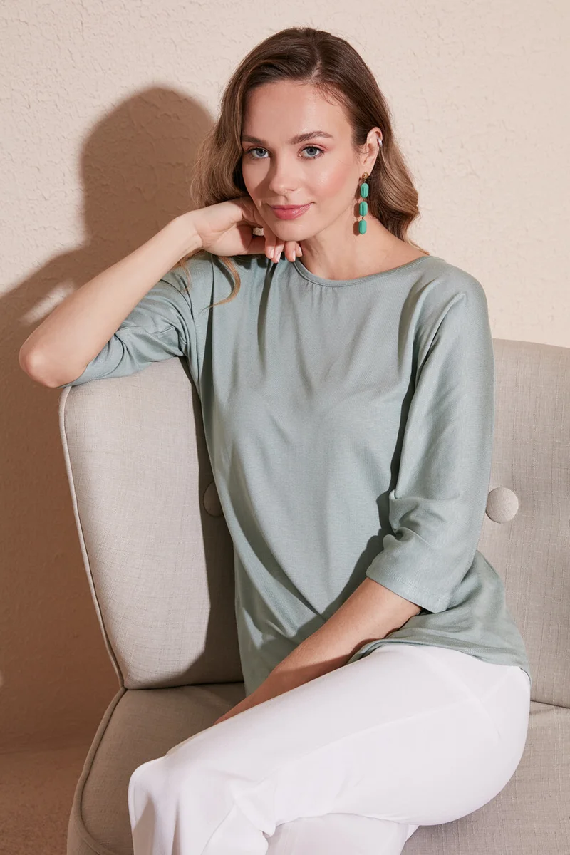 ليلا Crew Neck Three Quarter Sleeve Blouse Women's Blouse 5861416Y