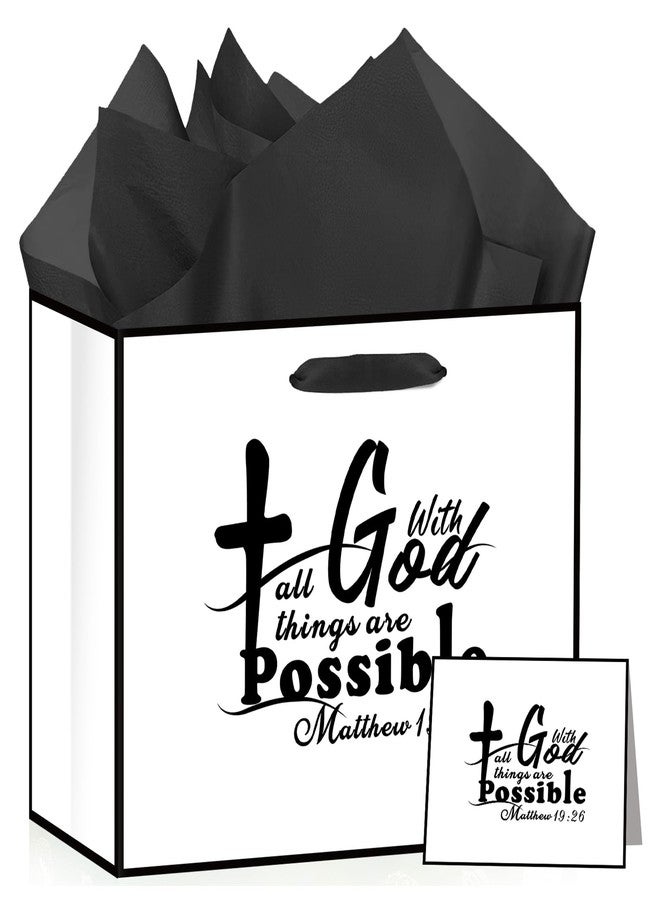 Wayyogh Christian Gift Bags Black White Religious Baptism Gift Bag with Tissue Paper Card With God All Things Are Possible Christian Wrapping Paper Bag for First Communion Church Events Pastor Appreciation Easter - Image 1