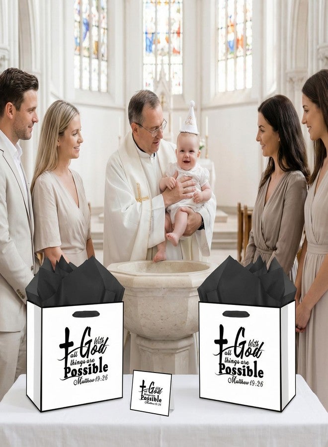 Wayyogh Christian Gift Bags Black White Religious Baptism Gift Bag with Tissue Paper Card With God All Things Are Possible Christian Wrapping Paper Bag for First Communion Church Events Pastor Appreciation Easter - Image 3