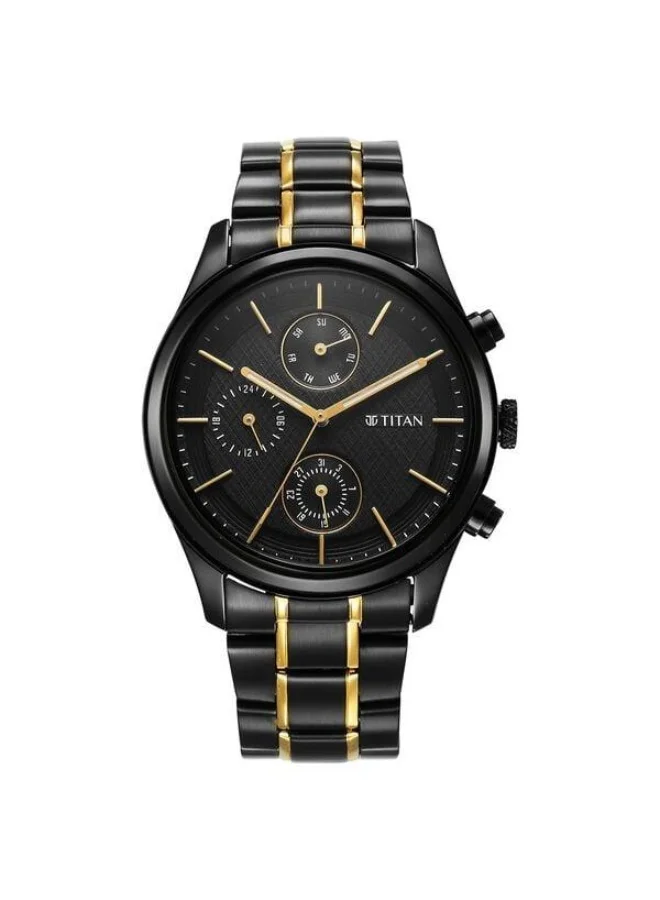 TITAN Quartz Multifunction Black Dial Two Toned Black & Gold Stainless Steel Strap Watch for Men - 1805KM06
