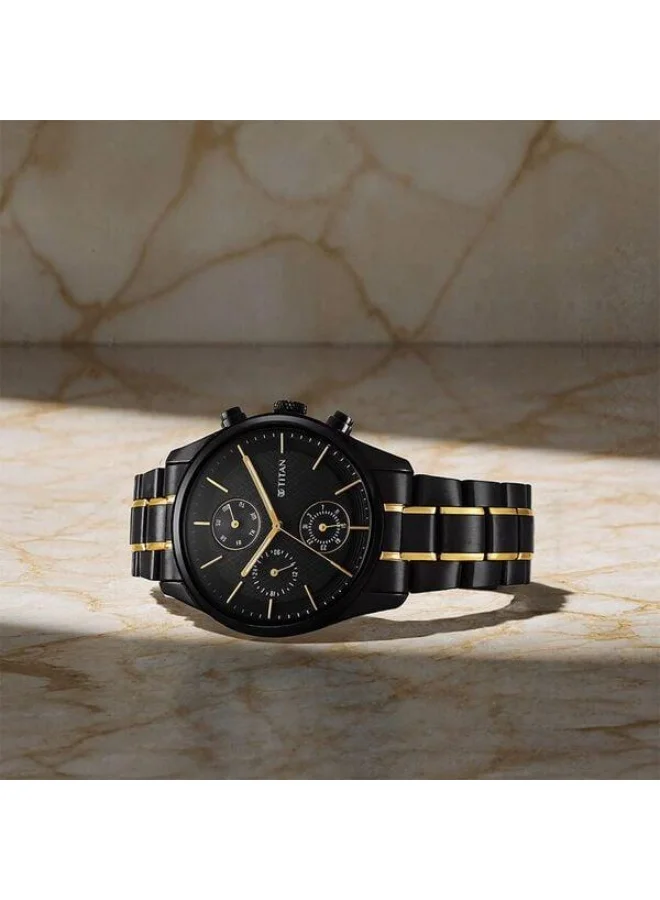 TITAN Quartz Multifunction Black Dial Two Toned Black & Gold Stainless Steel Strap Watch for Men - 1805KM06