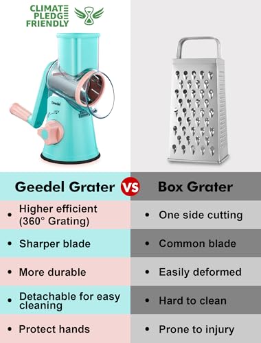 Geedel Rotary Cheese Grater Kitchen Mandoline Vegetable Slicer with 3 Interchangeable Blades Easy to Clean Rotary Grater Slicer for Fruit Vegetables Nuts - Image 3