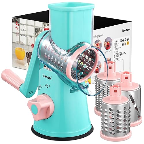 Geedel Rotary Cheese Grater Kitchen Mandoline Vegetable Slicer with 3 Interchangeable Blades Easy to Clean Rotary Grater Slicer for Fruit Vegetables Nuts - Image 1