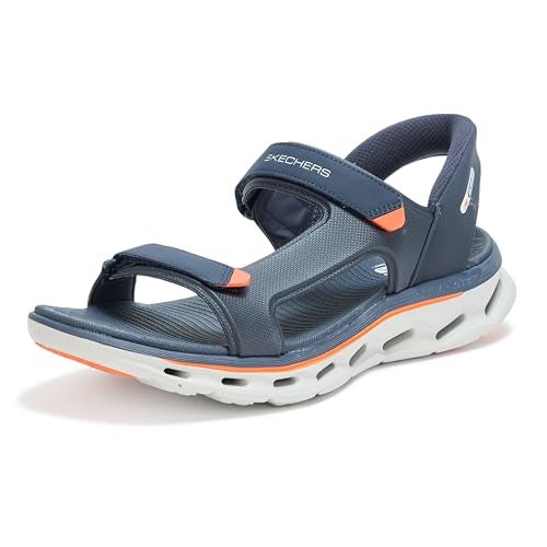 SKECHERS صندل سكيشرز للرجال بخاصية الانزلاق السهل، تصميم حزام ربع، لون أزرق/برتقالي، مقاس 10 - Image 1
