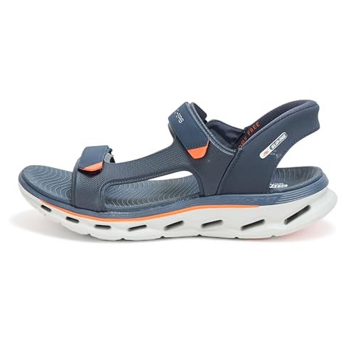 SKECHERS صندل سكيشرز للرجال بخاصية الانزلاق السهل، تصميم حزام ربع، لون أزرق/برتقالي، مقاس 10 - Image 2