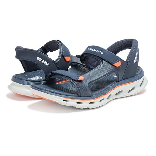 SKECHERS صندل سكيشرز للرجال بخاصية الانزلاق السهل، تصميم حزام ربع، لون أزرق/برتقالي، مقاس 10 - Image 3