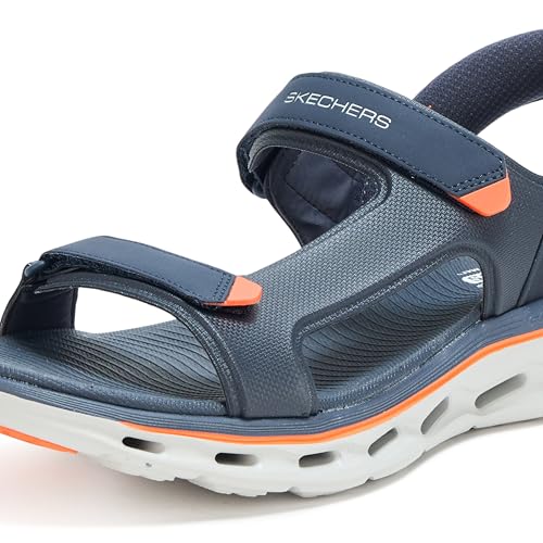 SKECHERS صندل سكيشرز للرجال بخاصية الانزلاق السهل، تصميم حزام ربع، لون أزرق/برتقالي، مقاس 10 - Image 4