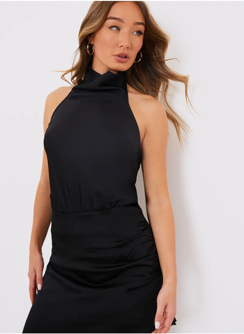 In the style Asymetrcal high neck satin ruched dress