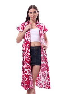 Andora Floral Dress Printed Short Sleeves _ Fuchia & White  - Image 1