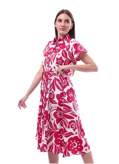 Andora Floral Dress Printed Short Sleeves _ Fuchia & White  - Image 3