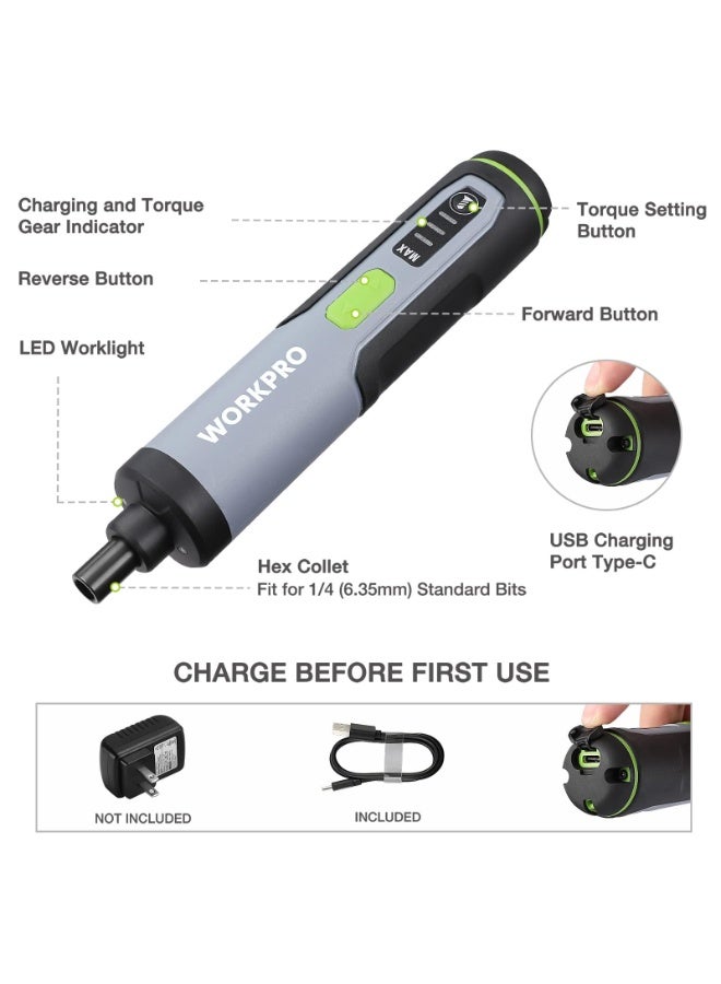 مفك كهربائي لاسلكي WORKPRO 3.6 فولت مع مجموعة 35 لقمة Cr-V، قابل لإعادة الشحن عبر USB - Image 2