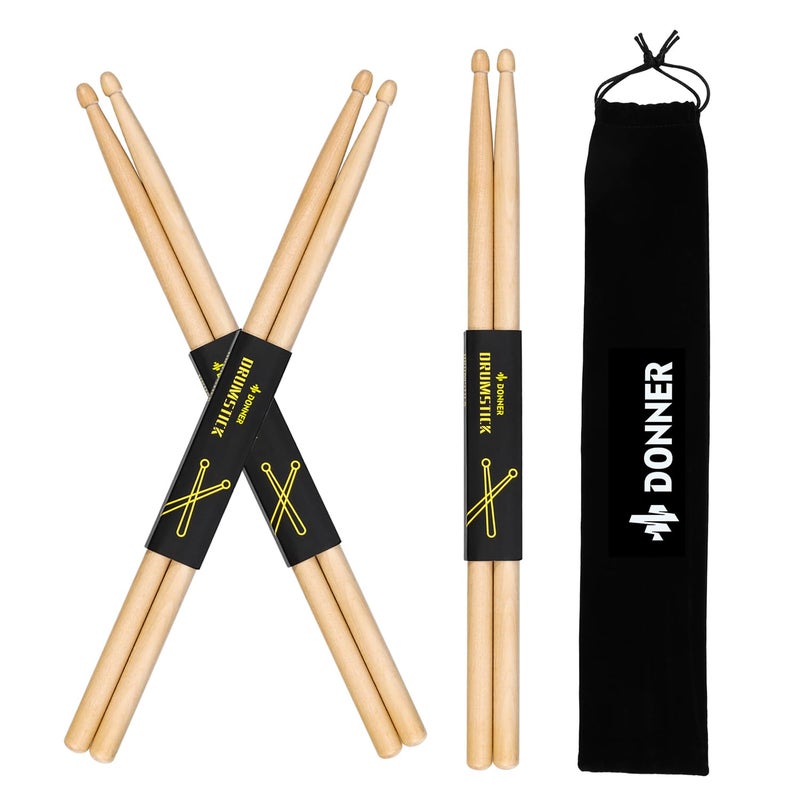 Donner Drum Sticks, 3 Pairs 5A Drumsticks Classic Maple Wood Snare Drumsticks With Carrying Bag, Christmas Birthday Gift, Great Holiday - Image 1