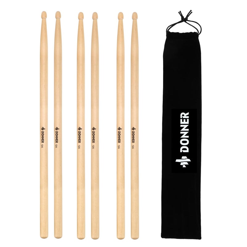 Donner Drum Sticks, 3 Pairs 5A Drumsticks Classic Maple Wood Snare Drumsticks With Carrying Bag, Christmas Birthday Gift, Great Holiday - Image 2