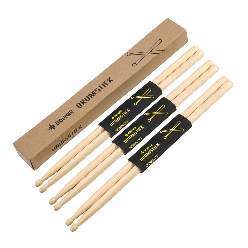 Donner Drum Sticks, 3 Pairs 5A Drumsticks Classic Maple Wood Snare Drumsticks With Carrying Bag, Christmas Birthday Gift, Great Holiday - Image 3