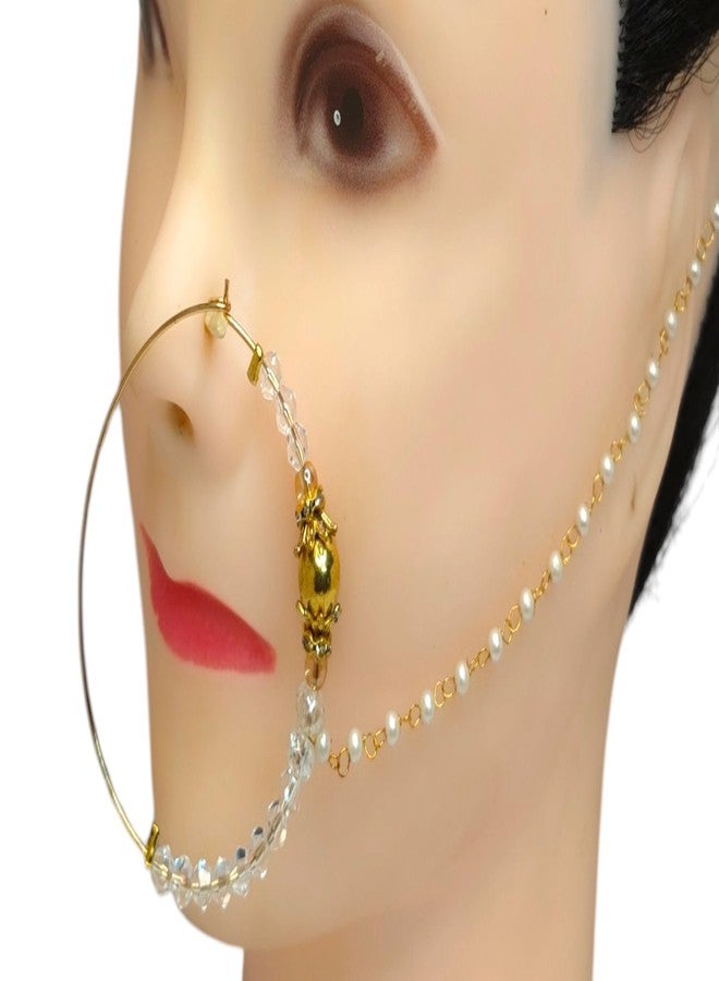 SUN SHINE Gold Pearl Nose Ring, Traditional Indian Jewelry, Delicate Chain Design - Image 3