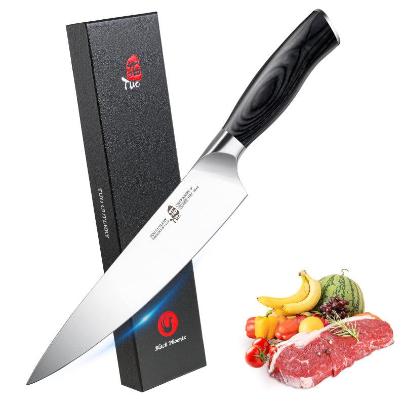 TUO Chef Knife  8 inch Pro Kitchen Knife Asian Chefs Knife Cooking Knife High Carbon German Stainless Steel Ultra Sharp Ergonomic Pakkawood Handle with Gift Box Fiery Phoenix Series  Black
