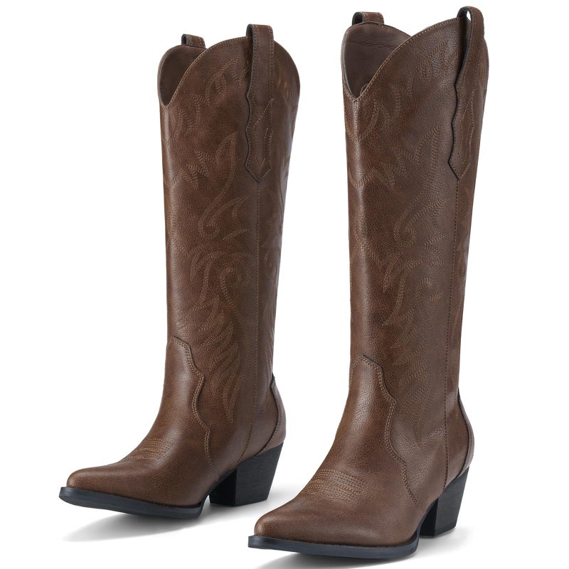 Rollda Cowboy Boots for Women Cowgirl Boots Embroidered Knee-High Western Boots Pointy Toe with Chunky Heel Bronze Size 7.5 - Image 1