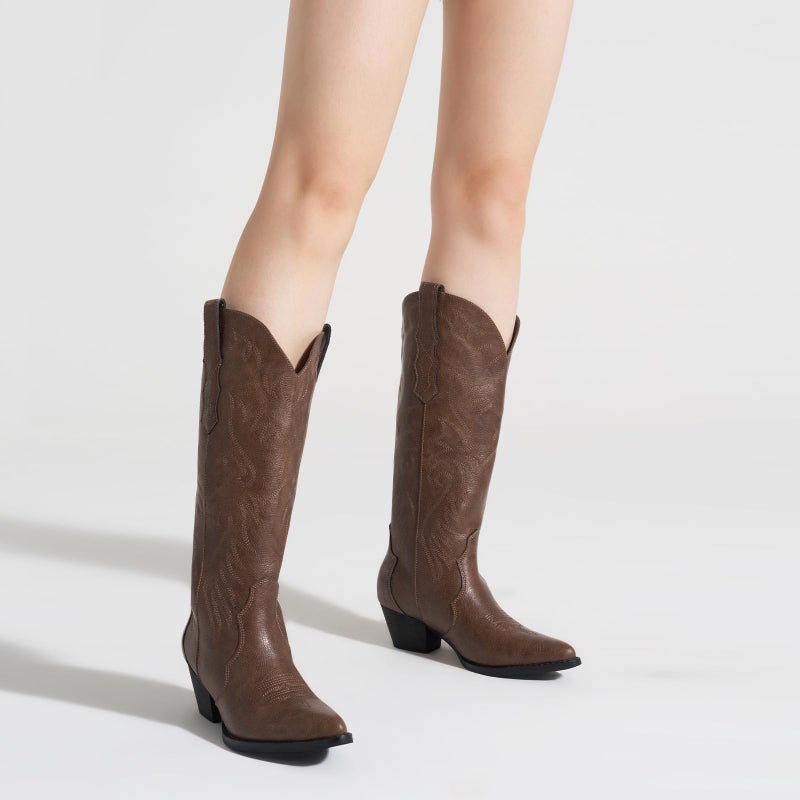 Rollda Cowboy Boots for Women Cowgirl Boots Embroidered Knee-High Western Boots Pointy Toe with Chunky Heel Bronze Size 7.5 - Image 5