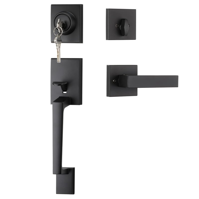 Haidms Black Front Door Handle and Deadbolt Set, Entry Door Handle and Deadbolt with Reversible Handle Lever,Front Door Lock Set, Exterior Door Handles and Locks - Image 1
