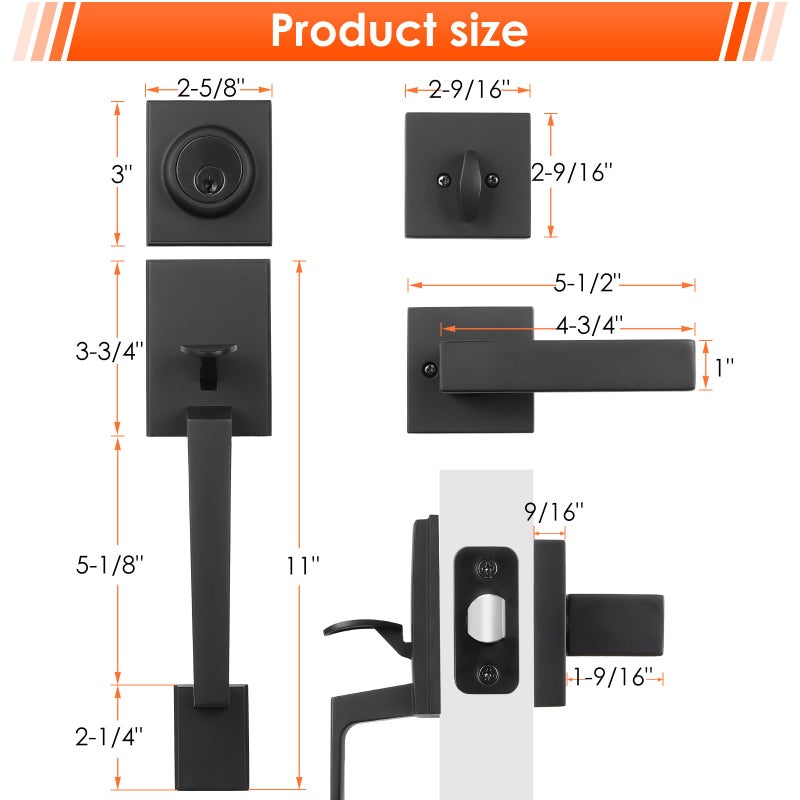Haidms Black Front Door Handle and Deadbolt Set, Entry Door Handle and Deadbolt with Reversible Handle Lever,Front Door Lock Set, Exterior Door Handles and Locks - Image 5
