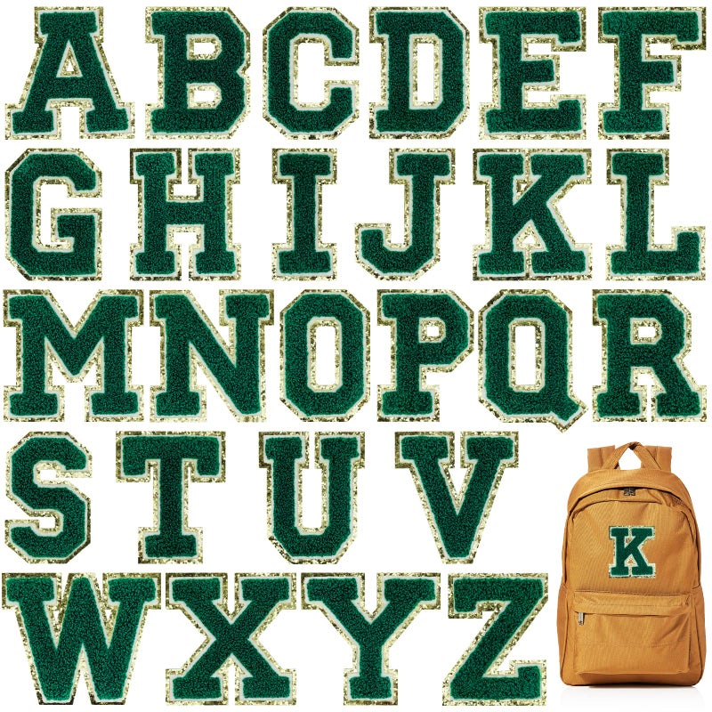 Jongdari 26pcs Iron on Letters for Clothing Glitter Varsity Chenille Letter Patch Alphabet Sewing Appliques with Ironed Adhesive  Green AZ