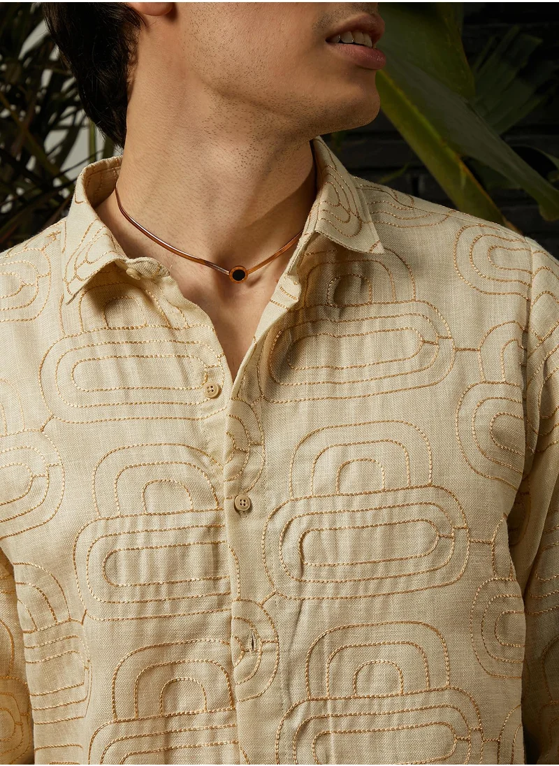 Campus Sutra Men's Khaki Beige Curve-Lined Shirt