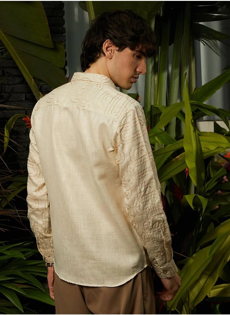 Campus Sutra Men's Khaki Beige Curve-Lined Shirt
