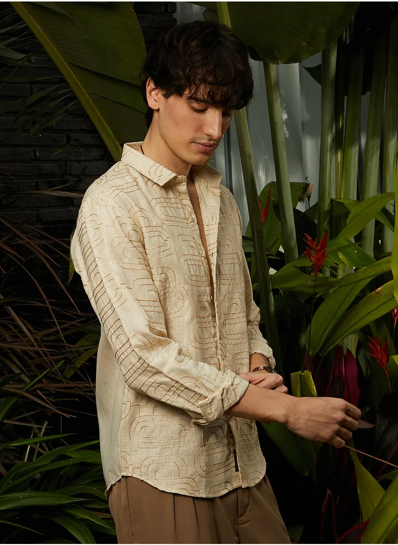 Campus Sutra Men's Khaki Beige Curve-Lined Shirt