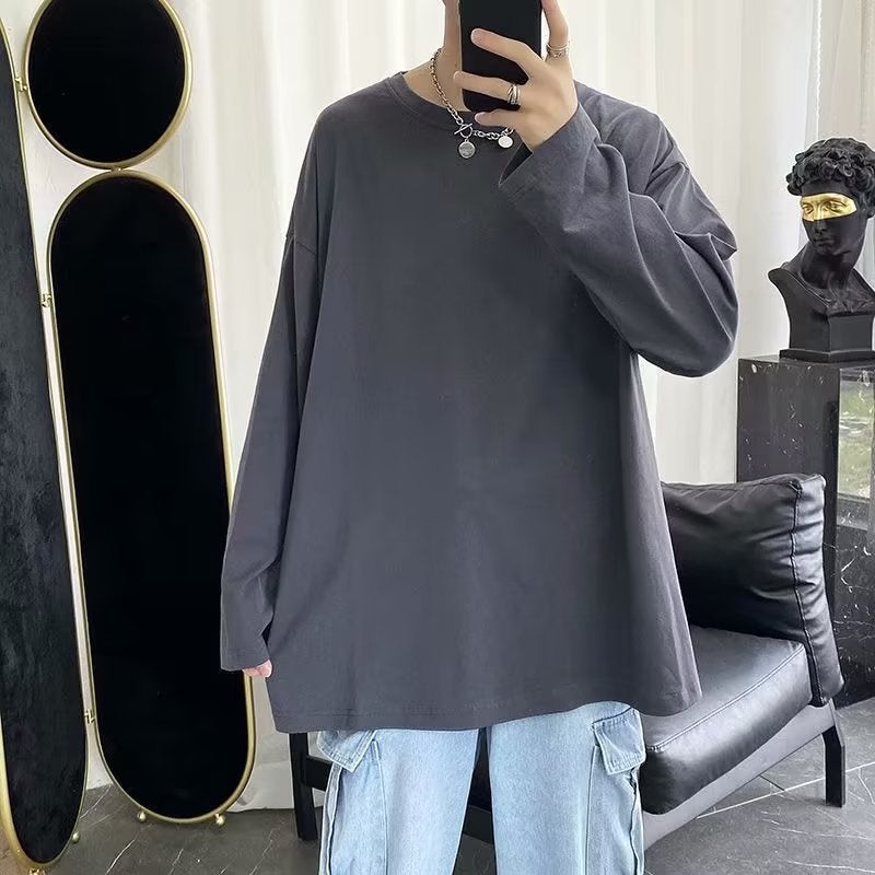 Solid Color Cotton Men'S Lazy Youth Fashion Round Neck Trend T-Shirt Fashion Summer And Autumn Trend Long Sleeve Loose Daily All-Match - Image 5