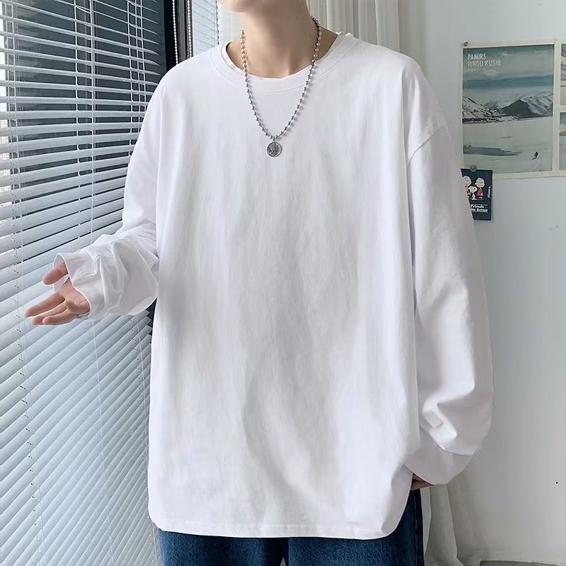 Solid Color Cotton Men'S Lazy Youth Fashion Round Neck Trend T-Shirt Fashion Summer And Autumn Trend Long Sleeve Loose Daily All-Match - Image 2