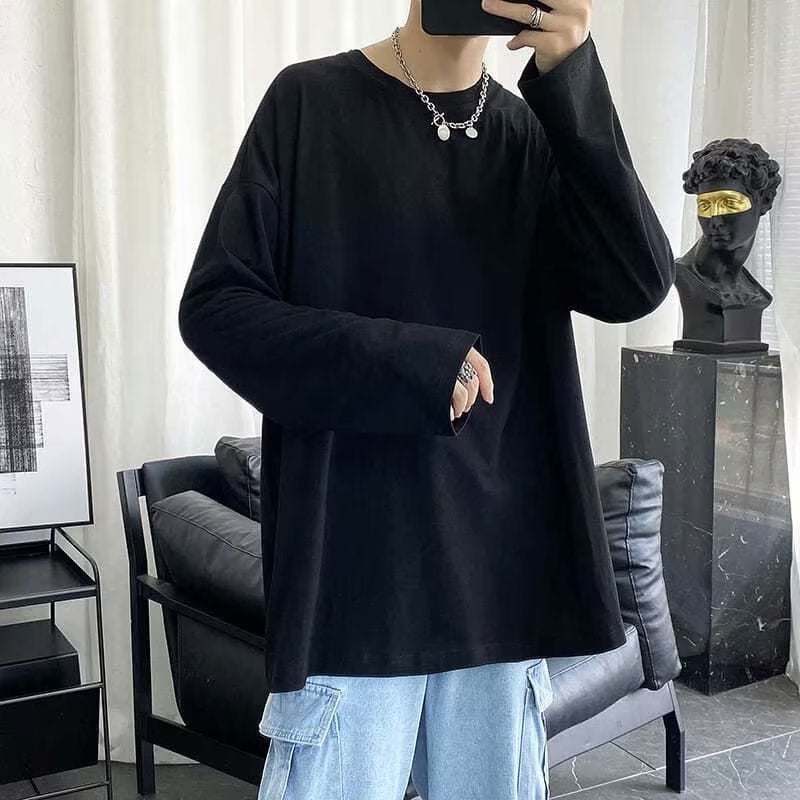 Solid Color Cotton Men'S Lazy Youth Fashion Round Neck Trend T-Shirt Fashion Summer And Autumn Trend Long Sleeve Loose Daily All-Match - Image 4
