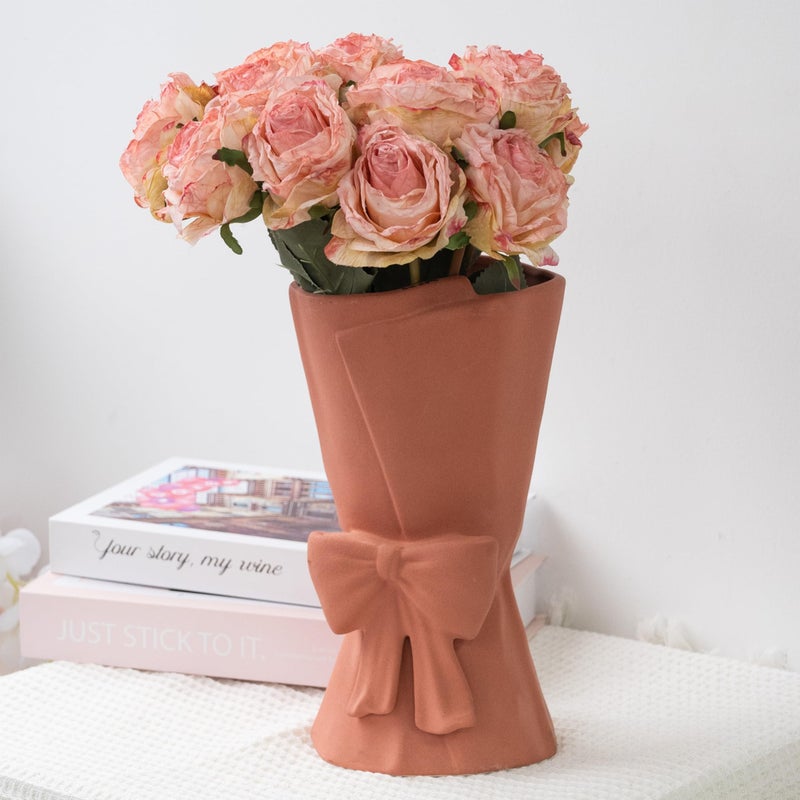 Relexome Pink Ceramic Bow Vase 9.64 in Unique Cute Modern Decorative Bouquet Flower Vases for Home Living Room Table Decor Women Girl Gifts - Image 4