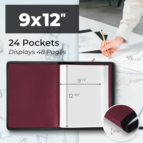 Dunwell محفظة فنون دنويل 9x12 (روبي)، ورق تثبيت أسود، مجلد محفظة للأعمال الفنية، محفظة فنون 9 x 12، 24 جيب عرض 48 صفحة، كتاب تقديم بولي خالي من الحمض - Image 2