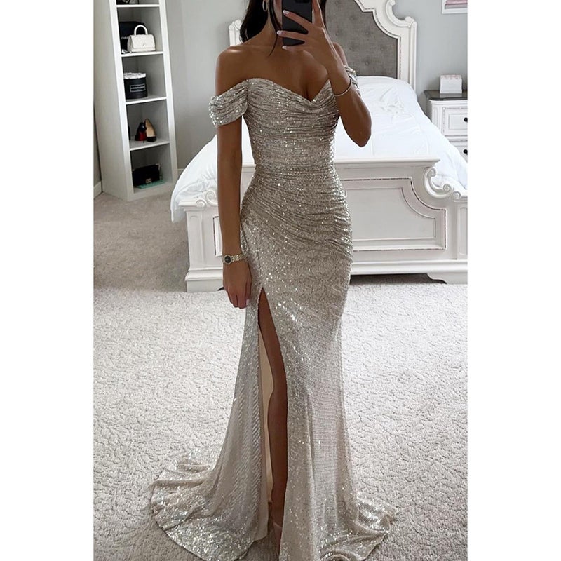 Export Original Single Collar Sequin Split Evening Dress Fashion European Women'S Dress - Image 2