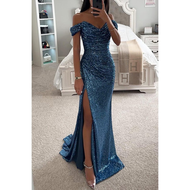 Export Original Single Collar Sequin Split Evening Dress Fashion European Women'S Dress - Image 4