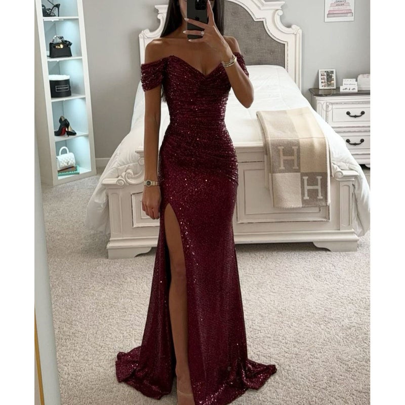 Export Original Single Collar Sequin Split Evening Dress Fashion European Women'S Dress - Image 3