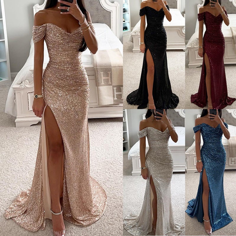 Export Original Single Collar Sequin Split Evening Dress Fashion European Women'S Dress - Image 5