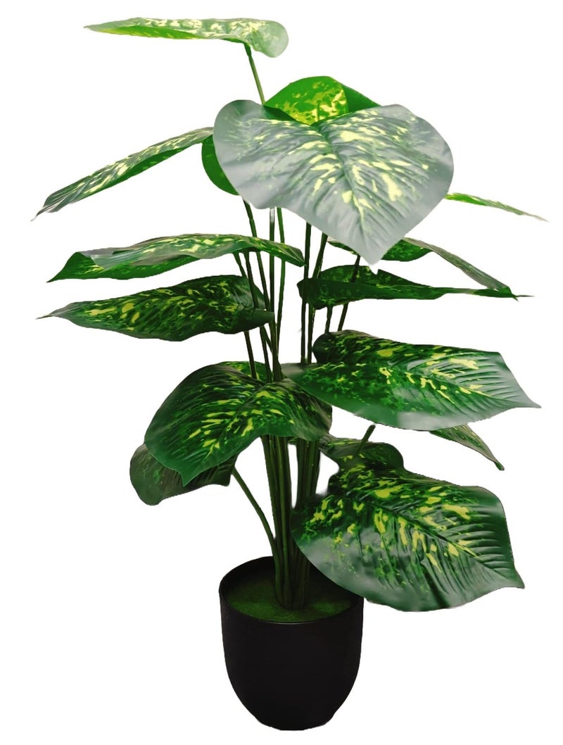 Dekorly Plastic Artificial Palm Plants Leaves Faux Turtle Leaf Fake Monstera Tropical Large Palm Tree Leaves Outdoor Leaf Decorations | 26Inch Plants with Blackpot (Green-Yellow-Leaves) - Image 5