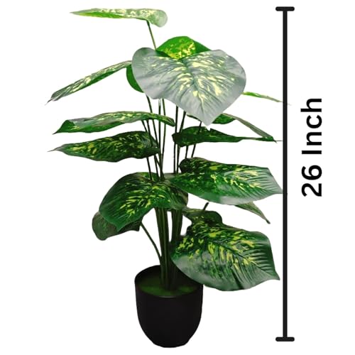 Dekorly Plastic Artificial Palm Plants Leaves Faux Turtle Leaf Fake Monstera Tropical Large Palm Tree Leaves Outdoor Leaf Decorations | 26Inch Plants with Blackpot (Green-Yellow-Leaves) - Image 2
