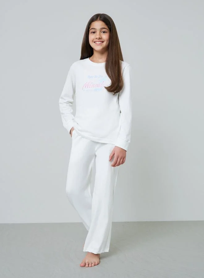 Styli Teen Girls Off-White Cotton Long Sleeve Pyjama Set