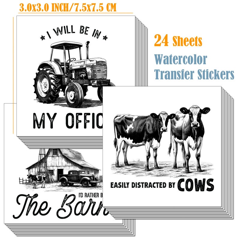 ZMRU 24 Sheets of Watercolor Style Rub on Transfers for Crafts - Perfect for Glass, Porcelain, Leather, Canvas, and Fabric Projects - IOD Transfers Included,3 * 3inch (Black & White Farms) - Image 2