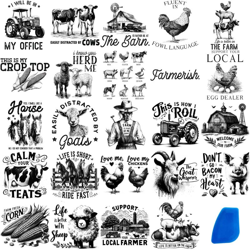 ZMRU 24 Sheets of Watercolor Style Rub on Transfers for Crafts - Perfect for Glass, Porcelain, Leather, Canvas, and Fabric Projects - IOD Transfers Included,3 * 3inch (Black & White Farms) - Image 1