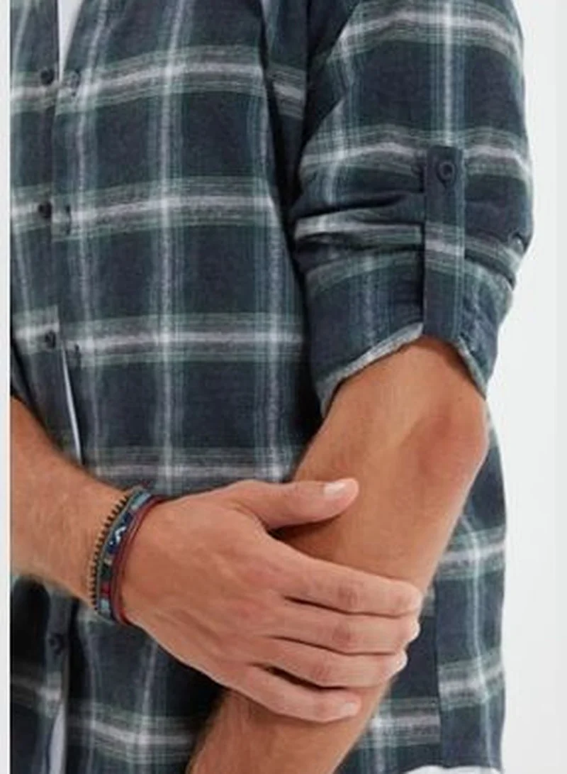 trendyol Green Men's Slim Fit Buttoned Collar Lumberjack Plaid Shirt with Epaulettes.