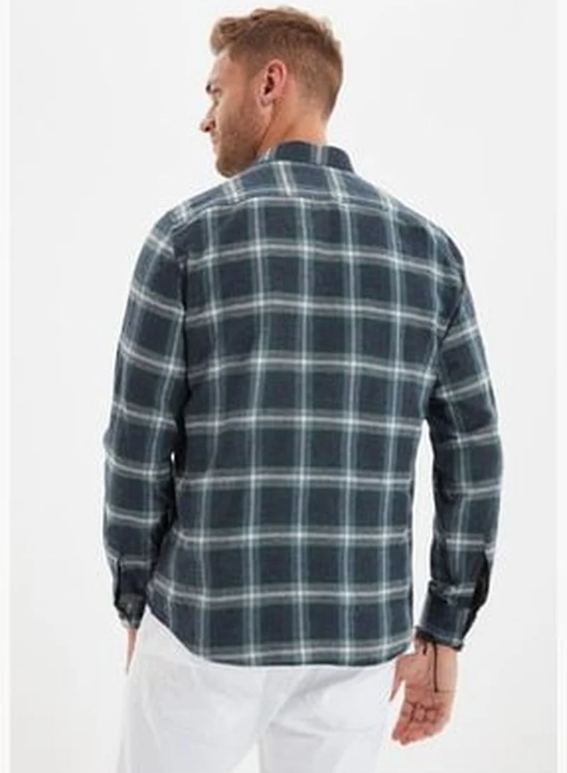 trendyol Green Men's Slim Fit Buttoned Collar Lumberjack Plaid Shirt with Epaulettes.