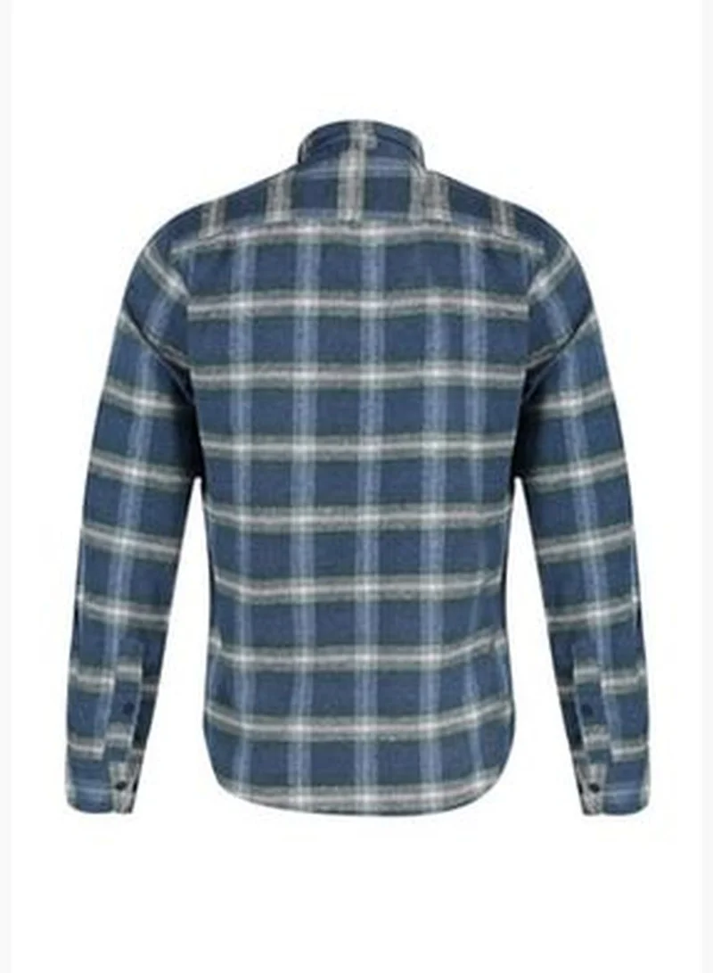 trendyol Green Men's Slim Fit Buttoned Collar Lumberjack Plaid Shirt with Epaulettes.