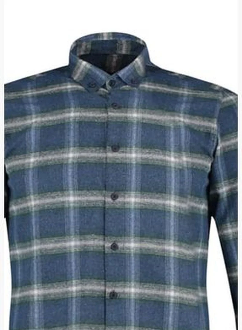 trendyol Green Men's Slim Fit Buttoned Collar Lumberjack Plaid Shirt with Epaulettes.