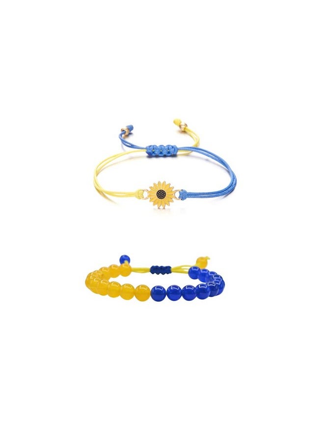 COLORFUL BLING 2 Pcs Set Ukraine Flag Bracelet With Natural Crystal Bracelet + Ukrainian Yellow Blue Bracelet Hand Braided Bracelet For Men Women Unisex - Style D  - Image 1