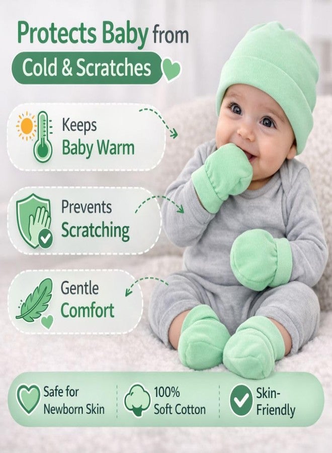 aRIC Newborn Baby Cap Mittens Booties Set (0-6 Months) | Soft Cotton Hosiery Cap Mittens and Socks for New Born Baby | Infant Summer Essentials (Pista) - Image 2